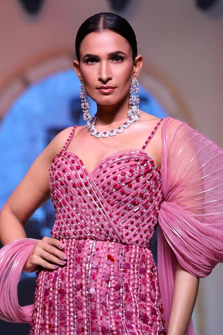 Shop Neeta Lulla Pink Net Embellished Crystals Sweetheart Neck Aiza Gown With Cape at Aza Fashions Shop_Neeta Lulla_Pink Net Embellished Crystals Sweetheart Neck Aiza Gown With Cape_at_Aza_Fashions