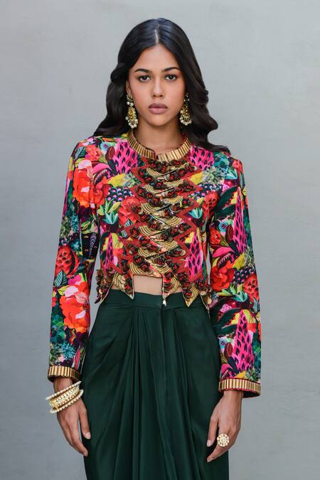 Rishi and Vibhuti Black Crepe Sequins, Embroidery Round Neck Abstract Floral Print Top With Skirt Online at Aza Fashions Rishi and Vibhuti_Black Crepe Sequins, Embroidery Round Neck Abstract Floral Print Top With Skirt _Online_at_Aza_Fashions