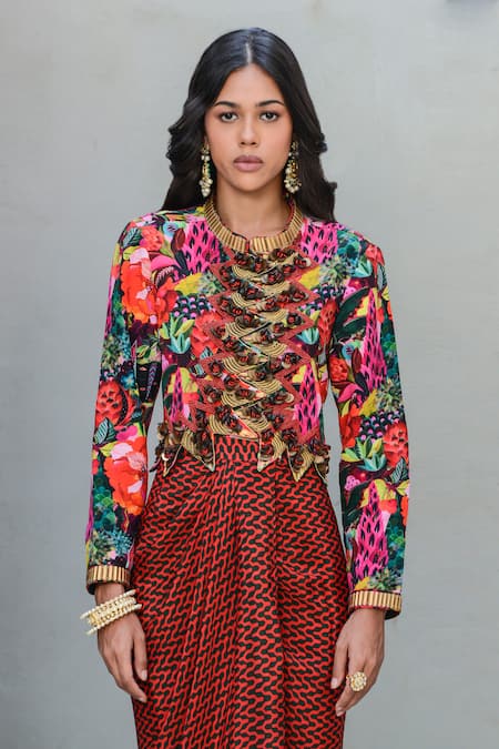 Rishi and Vibhuti Abstract Floral Print Top With Draped Skirt