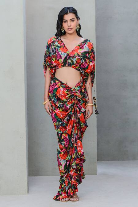 Buy Rishi and Vibhuti Multi Color Crepe Embroidery V-neck Gardenia Floral Print Top With Skirt Online at Aza Fashions Buy_Rishi and Vibhuti_Multi Color Crepe Embroidery V-neck Gardenia Floral Print Top With Skirt _Online_at_Aza_Fashions