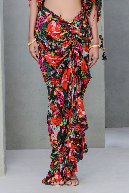 Shop Rishi and Vibhuti Multi Color Crepe Embroidery V-neck Gardenia Floral Print Top With Skirt Online at Aza Fashions Shop_Rishi and Vibhuti_Multi Color Crepe Embroidery V-neck Gardenia Floral Print Top With Skirt _Online_at_Aza_Fashions