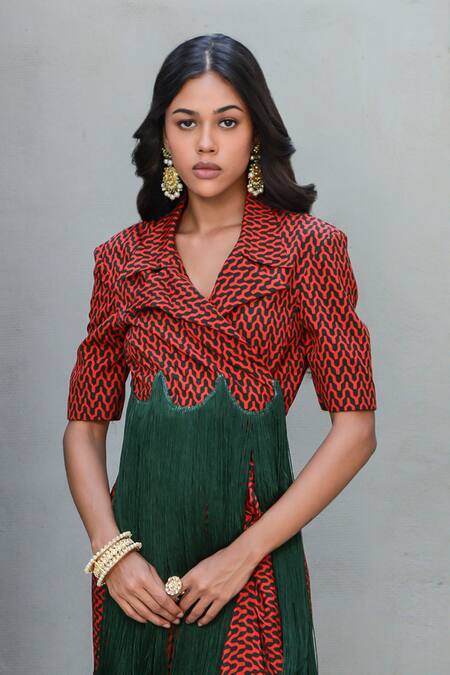 Rishi and Vibhuti Red Crepe Fringe Collared Geometric And Pattern Top With Skirt Online at Aza Fashions Rishi and Vibhuti_Red Crepe Fringe Collared Geometric And Pattern Top With Skirt _Online_at_Aza_Fashions