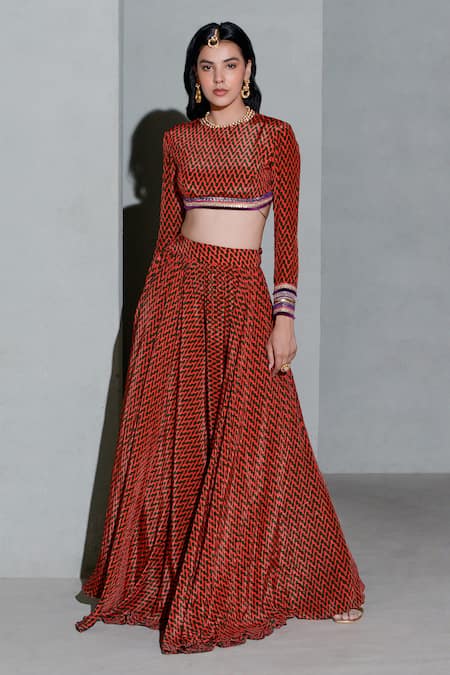 Rishi and Vibhuti Red Crepe Print Geometric Round Neck Lehenga With Blouse 