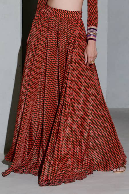 Rishi and Vibhuti Red Crepe Round Neck Geometric Print Lehenga With Blouse Online at Aza Fashions Rishi and Vibhuti_Red Crepe Round Neck Geometric Print Lehenga With Blouse _Online_at_Aza_Fashions