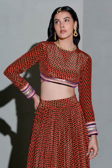 Buy Rishi and Vibhuti Red Crepe Round Neck Geometric Print Lehenga With Blouse Online at Aza Fashions Buy_Rishi and Vibhuti_Red Crepe Round Neck Geometric Print Lehenga With Blouse _Online_at_Aza_Fashions