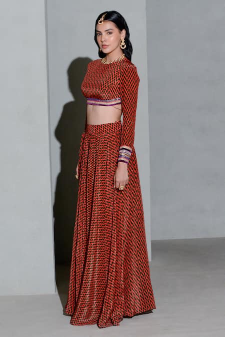 Shop Rishi and Vibhuti Red Crepe Round Neck Geometric Print Lehenga With Blouse Online at Aza Fashions Shop_Rishi and Vibhuti_Red Crepe Round Neck Geometric Print Lehenga With Blouse _Online_at_Aza_Fashions