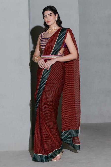 Rishi and Vibhuti_Red Crepe Zari, Sequins Scoop Neck Geometric Print Saree With Embellished Blouse _Online_at_Aza_Fashions