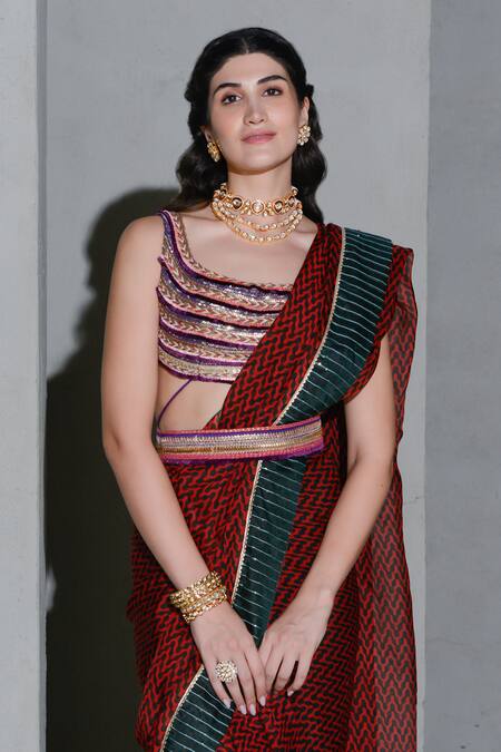 Buy_Rishi and Vibhuti_Red Crepe Zari, Sequins Scoop Neck Geometric Print Saree With Embellished Blouse _Online_at_Aza_Fashions