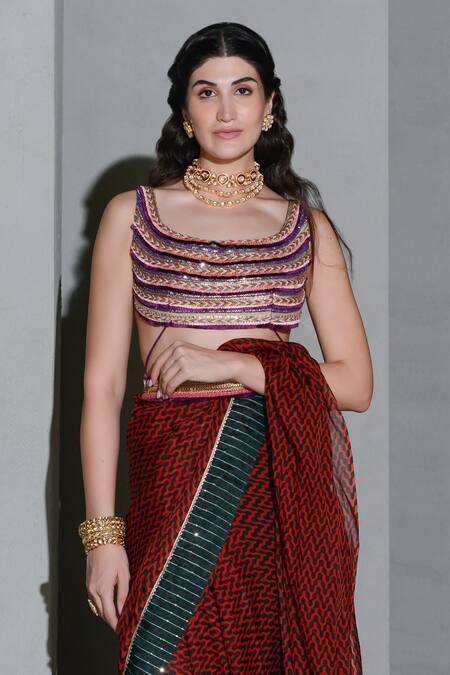 Shop_Rishi and Vibhuti_Red Crepe Zari, Sequins Scoop Neck Geometric Print Saree With Embellished Blouse _Online_at_Aza_Fashions