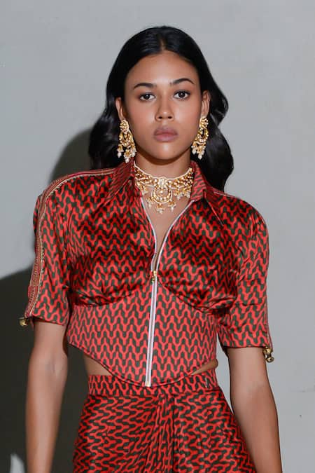 Rishi and Vibhuti Red Crepe Collared Geometric Print Corset With Skirt Online at Aza Fashions Rishi and Vibhuti_Red Crepe Collared Geometric Print Corset With Skirt _Online_at_Aza_Fashions