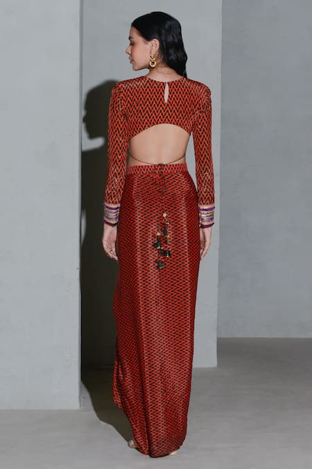 Rishi and Vibhuti Geometric Print Blouse With Asymmetric Skirt