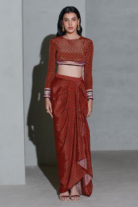Rishi and Vibhuti Red Crepe Embroidery Round Neck Geometric Print Blouse With Asymmetric Skirt Online at Aza Fashions Rishi and Vibhuti_Red Crepe Embroidery Round Neck Geometric Print Blouse With Asymmetric Skirt _Online_at_Aza_Fashions