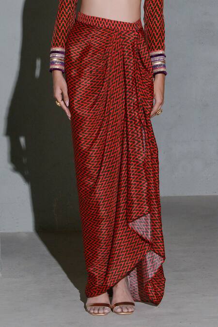 Buy Rishi and Vibhuti Red Crepe Embroidery Round Neck Geometric Print Blouse With Asymmetric Skirt Online at Aza Fashions Buy_Rishi and Vibhuti_Red Crepe Embroidery Round Neck Geometric Print Blouse With Asymmetric Skirt _Online_at_Aza_Fashions