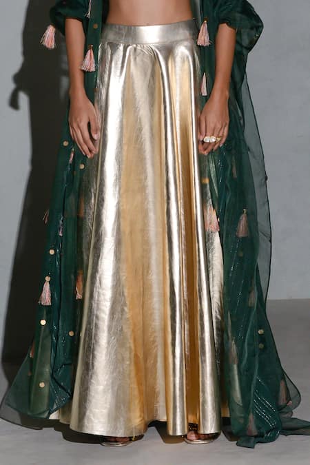 Rishi and Vibhuti Gold Organza, Velvet Sequins, Pearls Metallic Lehenga Tassel Work Cape Set Online at Aza Fashions Rishi and Vibhuti_Gold Organza, Velvet Sequins, Pearls Metallic Lehenga Tassel Work Cape Set _Online_at_Aza_Fashions