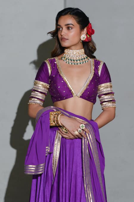 Buy_Rishi and Vibhuti_Purple Georgette, Net, Silk Sequins Pleated Lehenga Embroidered Blouse Set _Online_at_Aza_Fashions