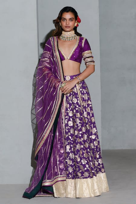 Rishi and Vibhuti Purple Net And Raw Silk Embellished Sequins Deep V Neck Floral Lehenga Set 