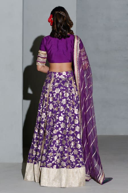Shop Rishi and Vibhuti Purple Net, Silk Sequins, Mirrors V-neck Floral Embellished Lehenga Set at Aza Fashions Shop_Rishi and Vibhuti_Purple Net, Silk Sequins, Mirrors V-neck Floral Embellished Lehenga Set _at_Aza_Fashions