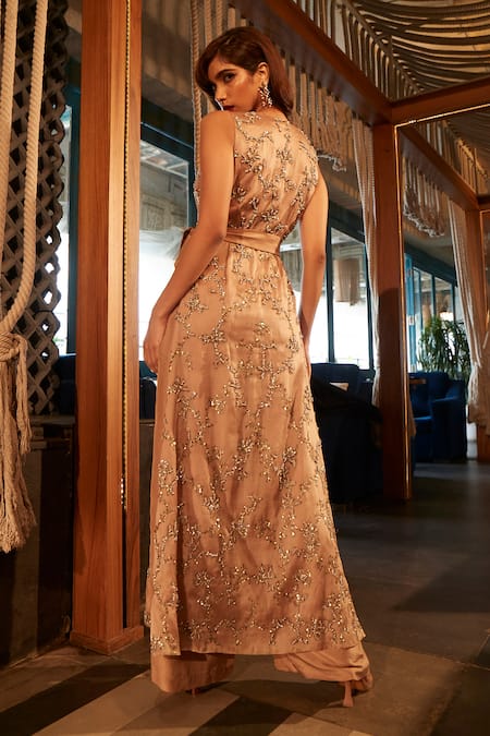 Shop_Babita Malkani_Gold Silk, Organza Pearls, Crystals V-neck, Open Embellished Jacket Pant Set _at_Aza_Fashions