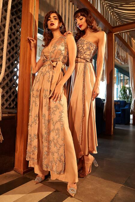 Buy_Babita Malkani_Gold Silk, Organza Pearls, Crystals V-neck, Open Embellished Jacket Pant Set _Online_at_Aza_Fashions