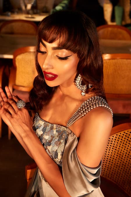 Babita Malkani_Grey Satin Pearls, Crystals V-neck Embellished Yoke Jumpsuit _Online_at_Aza_Fashions