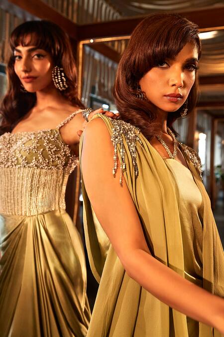 Shop_Babita Malkani_Green Satin Pearls, Crystals Round Neck Embellished Draped Dress _Online_at_Aza_Fashions