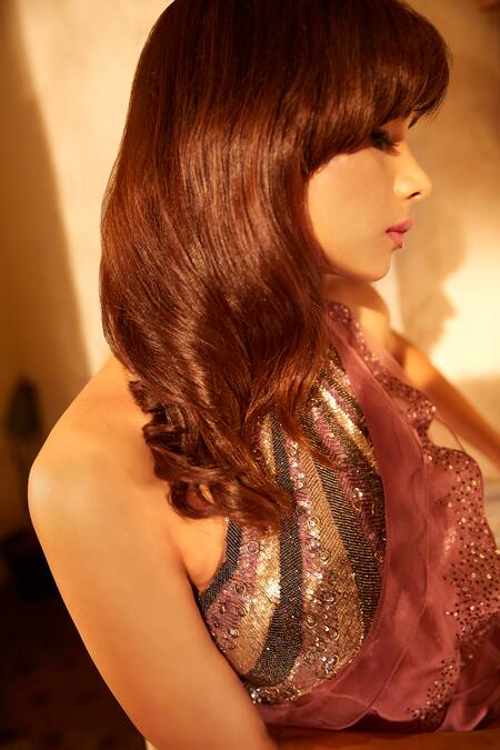 Babita Malkani_Pink Satin, Organza Sequins, Embroidered Blouse With Pre Draped Saree Set _Online_at_Aza_Fashions