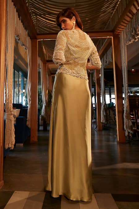 Babita Malkani_Green Satin, Tulle Pearls, Crystals V-neck, Open Embellished Jacket With Dress _Online_at_Aza_Fashions