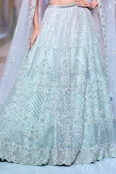 Neeta Lulla_White Net Sequins, Beads, Crystals V-neck Ariana Embroidery Bridal Lehenga Set _Online_at_Aza_Fashions