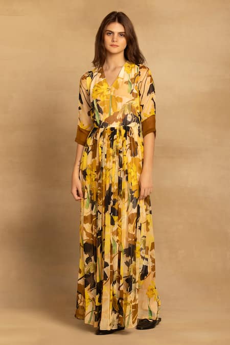Reena Sharma Yellow Viscose, Georgette Embroidery V-neck Rhea Floral Print Maxi Dress Online at Aza Fashions Reena Sharma_Yellow Viscose, Georgette Embroidery V-neck Rhea Floral Print Maxi Dress _Online_at_Aza_Fashions