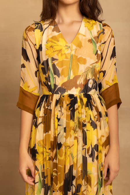 Buy Reena Sharma Yellow Viscose, Georgette Embroidery V-neck Rhea Floral Print Maxi Dress Online at Aza Fashions Buy_Reena Sharma_Yellow Viscose, Georgette Embroidery V-neck Rhea Floral Print Maxi Dress _Online_at_Aza_Fashions