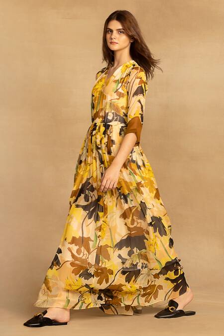 Shop Reena Sharma Yellow Viscose, Georgette Embroidery V-neck Rhea Floral Print Maxi Dress Online at Aza Fashions Shop_Reena Sharma_Yellow Viscose, Georgette Embroidery V-neck Rhea Floral Print Maxi Dress _Online_at_Aza_Fashions