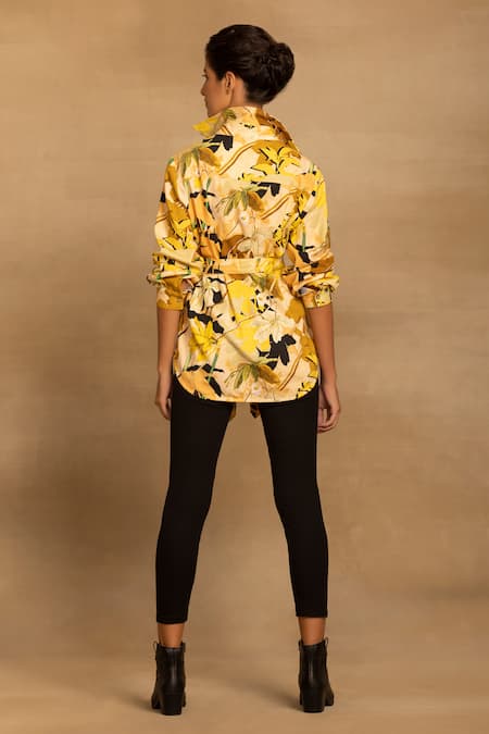Shop Reena Sharma Yellow Cotton Embroidery Collared Rhea Floral Print Shirt at Aza Fashions Shop_Reena Sharma_Yellow Cotton Embroidery Collared Rhea Floral Print Shirt _at_Aza_Fashions