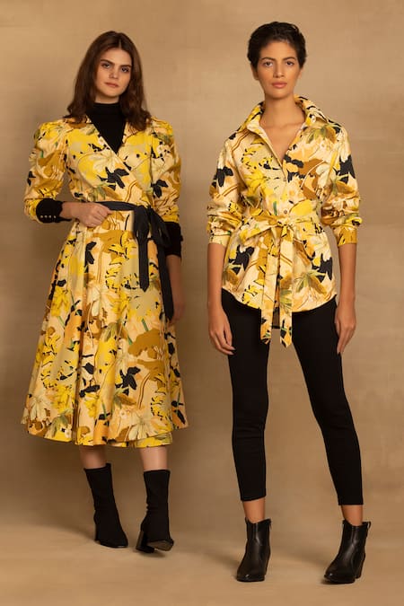 Reena Sharma Yellow Cotton Embroidery Collared Rhea Floral Print Shirt Online at Aza Fashions Reena Sharma_Yellow Cotton Embroidery Collared Rhea Floral Print Shirt _Online_at_Aza_Fashions