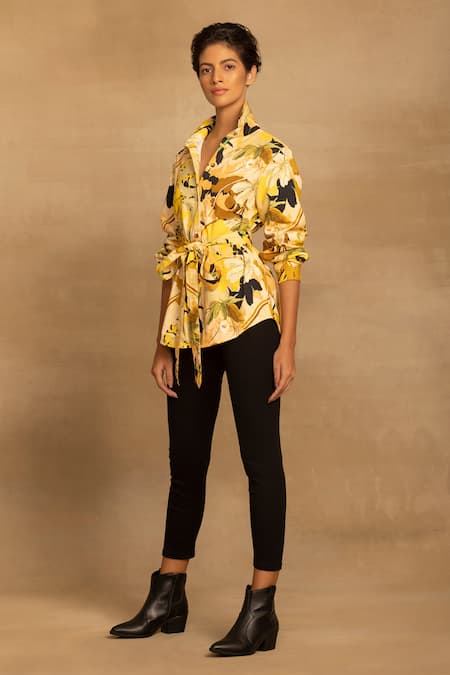Buy Reena Sharma Yellow Cotton Embroidery Collared Rhea Floral Print Shirt Online at Aza Fashions Buy_Reena Sharma_Yellow Cotton Embroidery Collared Rhea Floral Print Shirt _Online_at_Aza_Fashions