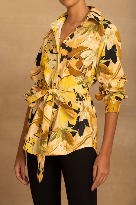 Shop Reena Sharma Yellow Cotton Embroidery Collared Rhea Floral Print Shirt Online at Aza Fashions Shop_Reena Sharma_Yellow Cotton Embroidery Collared Rhea Floral Print Shirt _Online_at_Aza_Fashions