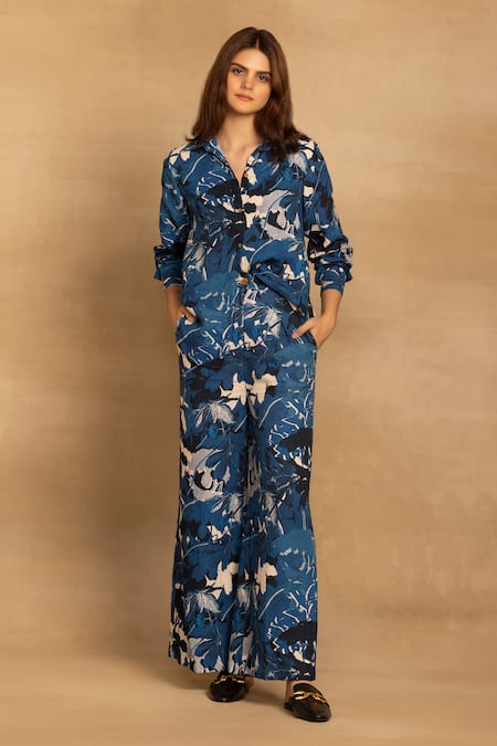 REENA SHARMA Blue 100% Cotton Twill Printed Floral Collar Sara Shirt And Pant Co-ord Set 