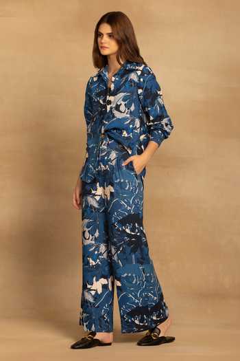 Reena Sharma_Blue Cotton Embroidery Collared Sara Floral Print Shirt And Pant Co-ord Set _Online_at_Aza_Fashions