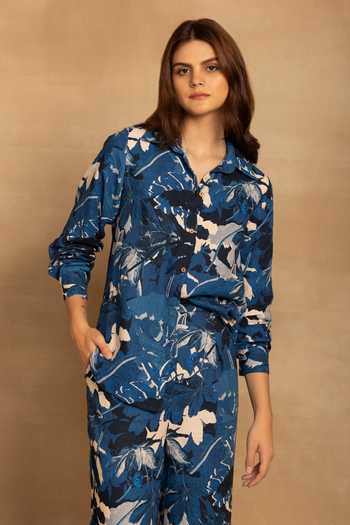 Buy_Reena Sharma_Blue Cotton Embroidery Collared Sara Floral Print Shirt And Pant Co-ord Set _Online_at_Aza_Fashions