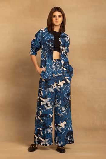 Shop_Reena Sharma_Blue Cotton Embroidery Collared Sara Floral Print Shirt And Pant Co-ord Set _Online_at_Aza_Fashions
