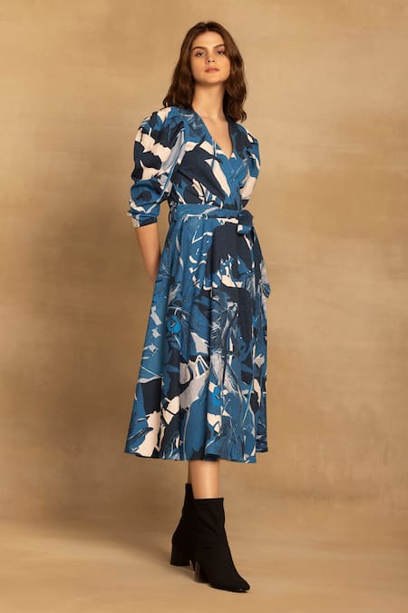 Reena Sharma_Blue Cotton, Twill V-neck Sara Floral Print Wrap Dress _Online_at_Aza_Fashions