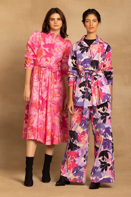 Reena Sharma_Pink Cotton Bandeau Neck Sara Floral Print Fit And Flare Dress _Online_at_Aza_Fashions