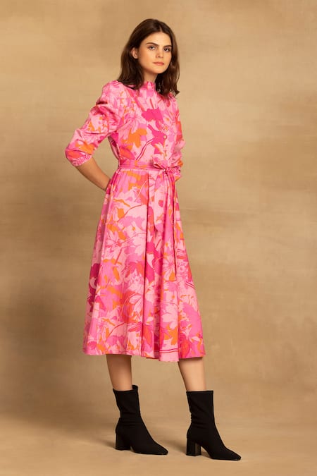 Buy_Reena Sharma_Pink Cotton Bandeau Neck Sara Floral Print Fit And Flare Dress _Online_at_Aza_Fashions