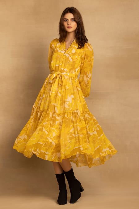 REENA SHARMA Yellow Viscose Georgette Printed Floral Band V Neck Sara Tiered Dress 