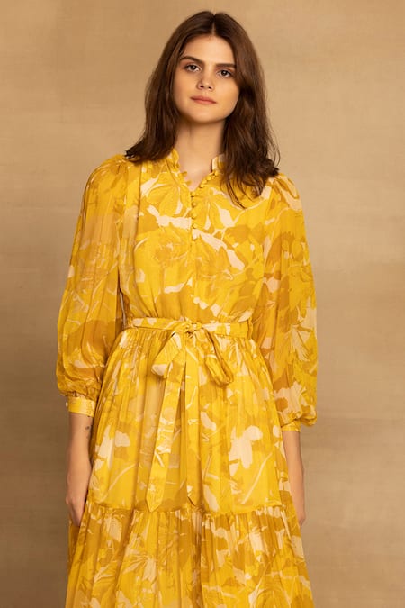 Reena Sharma_Yellow Georgette, Viscose Bandeau Neck Sara Floral Print Tiered Dress _Online_at_Aza_Fashions