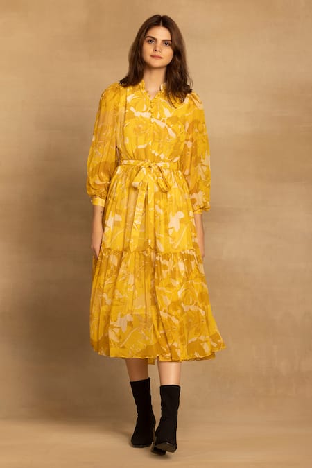 Buy_Reena Sharma_Yellow Georgette, Viscose Bandeau Neck Sara Floral Print Tiered Dress _Online_at_Aza_Fashions