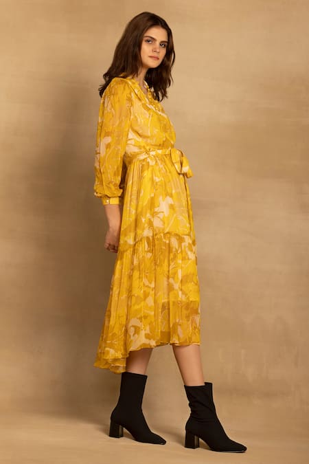 Shop_Reena Sharma_Yellow Georgette, Viscose Bandeau Neck Sara Floral Print Tiered Dress _Online_at_Aza_Fashions