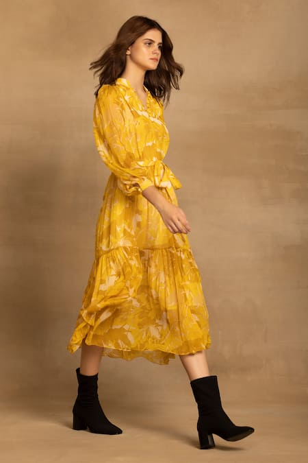 Reena Sharma_Yellow Georgette, Viscose Bandeau Neck Sara Floral Print Tiered Dress _at_Aza_Fashions