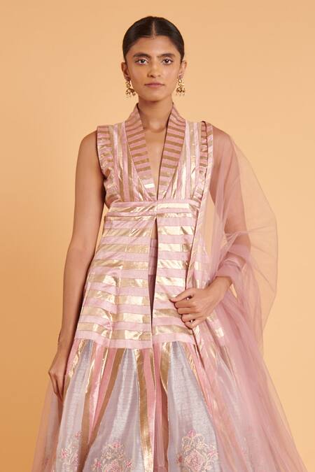 Siddartha Tytler_Pink Organza, Net Embroidery, Crystals Shawl Neck Aari And Anarkali Skirt Set _Online_at_Aza_Fashions