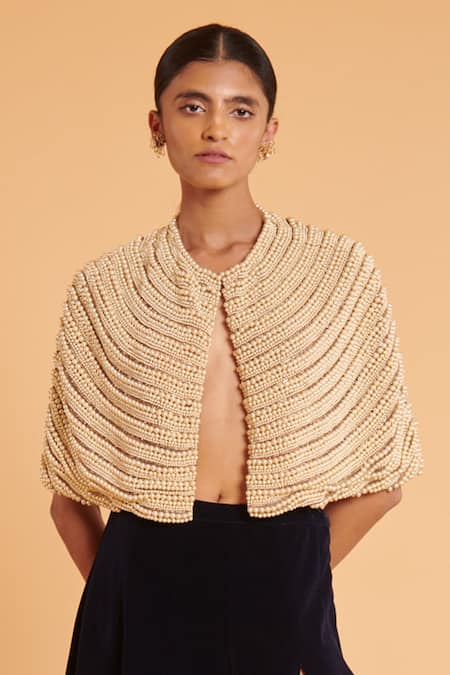 Siddartha Tytler Ivory Pearl And Crystal Chain Hand Embroidered Cape Online at Aza Fashions Siddartha Tytler_Ivory Pearl And Crystal Chain Hand Embroidered Cape _Online_at_Aza_Fashions