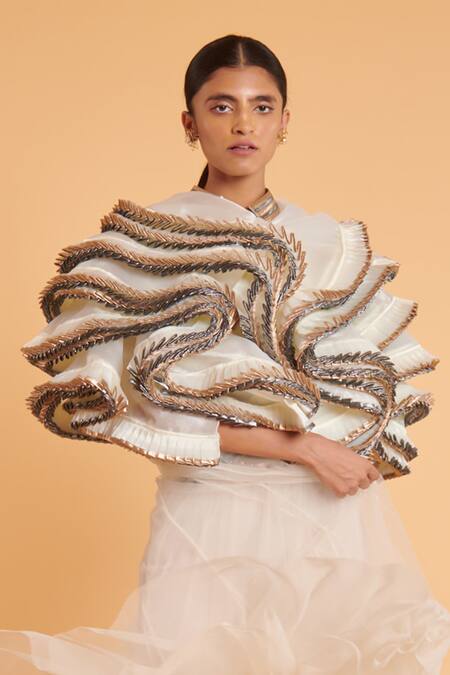 Siddartha Tytler_Ivory Organza Ruffles Mandarin Collar Tiered Bolero Jacket _Online_at_Aza_Fashions